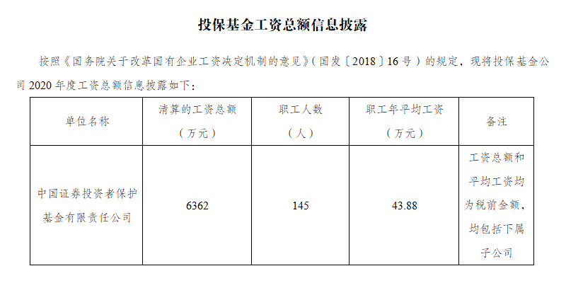 投保基金公司2020年度工資總額信息披露